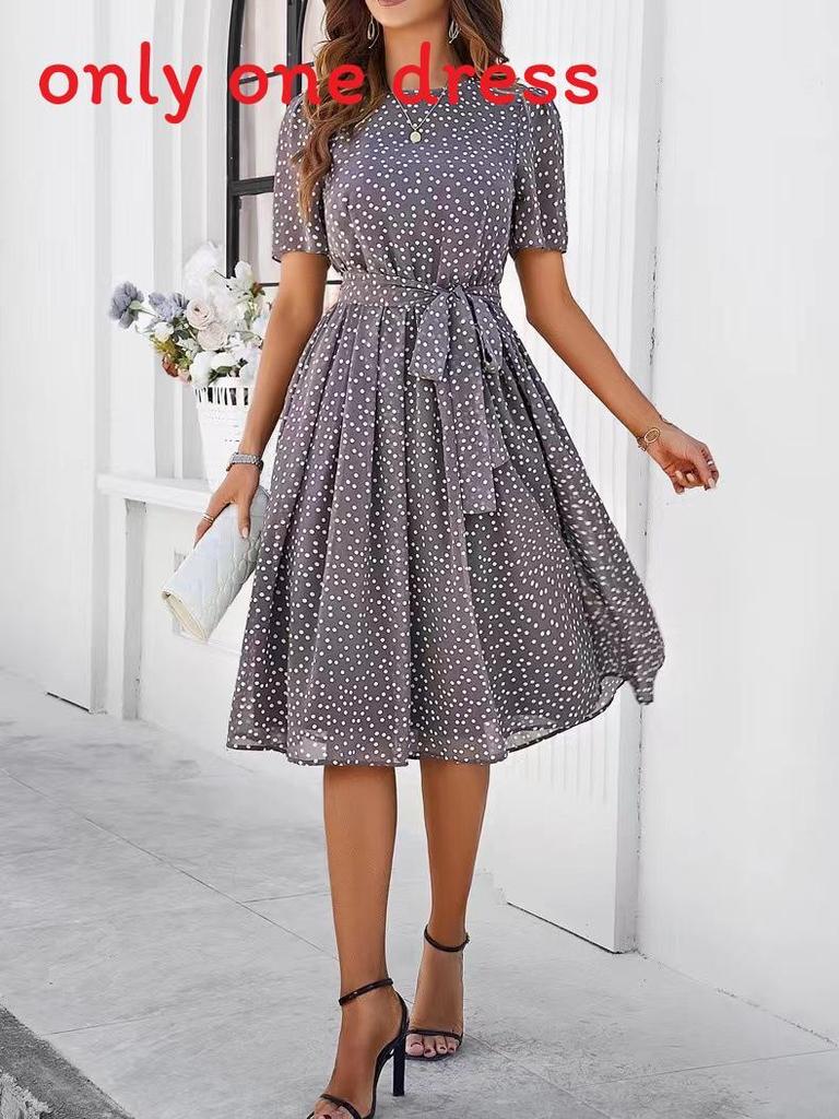 Elegante Polkadot Jurk Met Print En Hoge Taille Voor Lente Zomer Kantoor