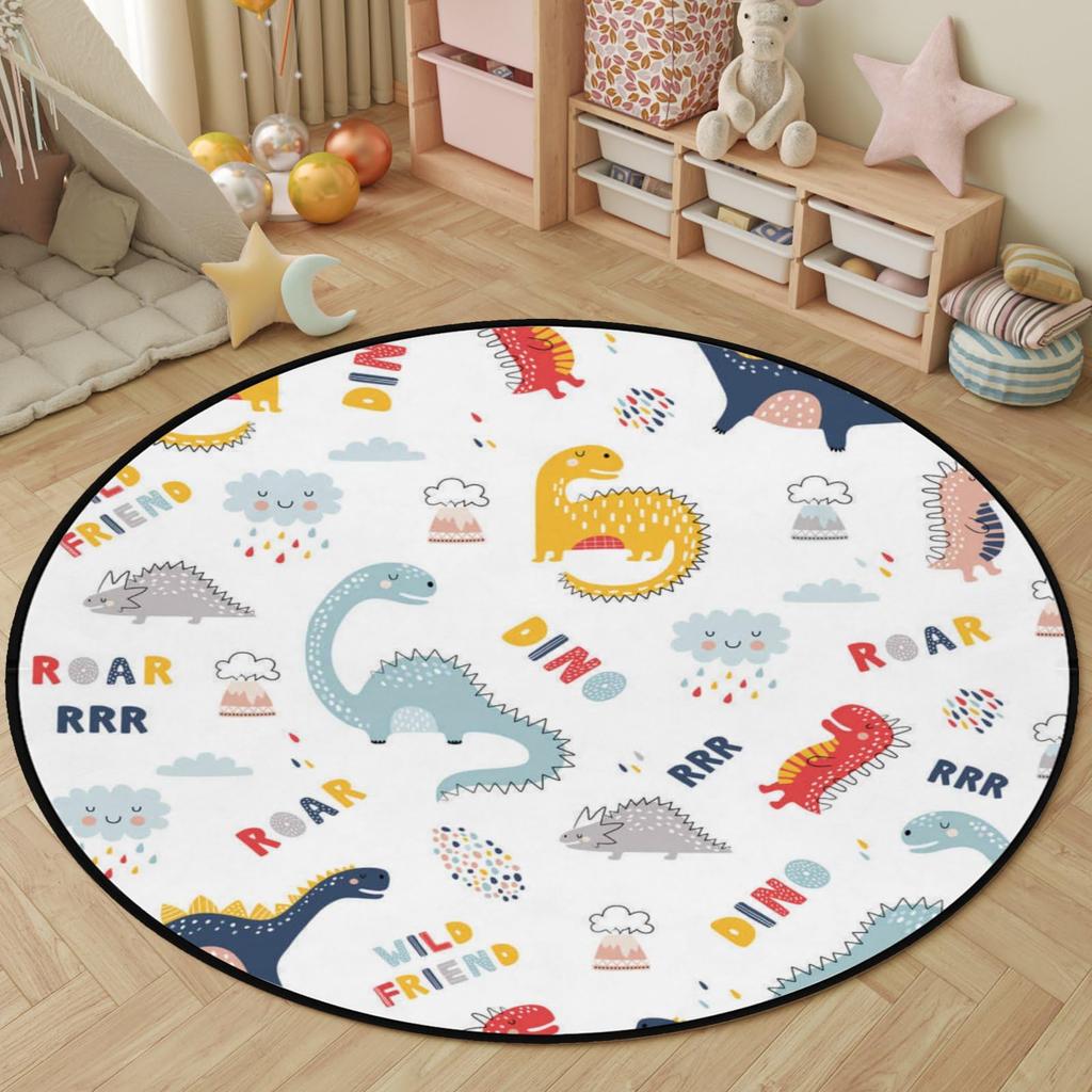 Cartoon Dinosaurer Runder Teppich Niedlicher Dino Kreis Teppich für Wohnzimmer Spielzimmer Büro Wäscheraum Dekor Rutschfest Komfort Spiel Yoga Matte