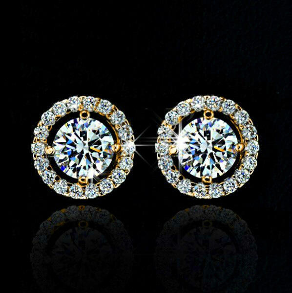 Luxury Crystal White Zircon Stud Earrings Simple Yellow Gold Color Round Vintage Wedding Jewelry For Women