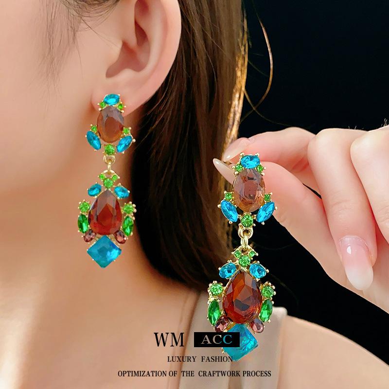 Vintage Silver Teardrop Diamond Earrings with Clavicle Chain - Light Luxury & High-End Style