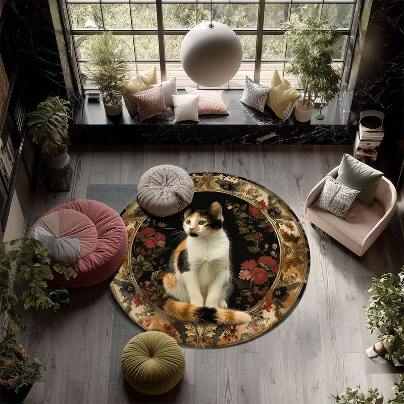 Cats & Vintage Flowers Pattern Round rug,Carpet Rug for Living Room Bedroom Playroom ,Non-slip Floor Mat,Holiday Gifts and Birthday Gifts.