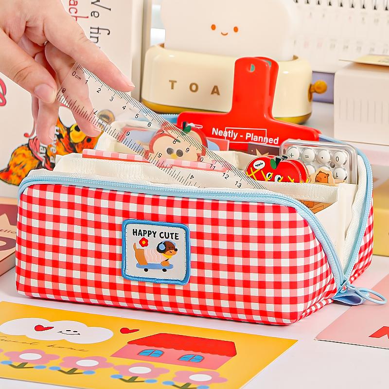 Płócienne i Pryzmatyczne Kwadratowe Piórnik Torba na Długopisy Uroczy Pies Koreański Styl Kratka Wielokieszeniowa Saszetka do Przechowywania Artykułów Papierniczych