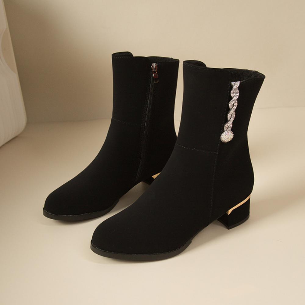 Stiefel Damen Mittelstiefel Grober Absatz Frosted Pelzschuhe Damenstiefel Kurze Stiefel
