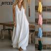 Mode Sommer Frühling Unifarben Druck Ärmellos V-Ausschnitt Freizeitkleider Internationales Design