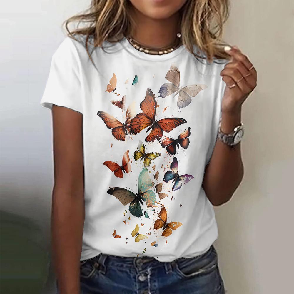 Summer Round Neck 3D Butterfly Printed Top Fashionable Casual Short Sleeved Women's T-shirts