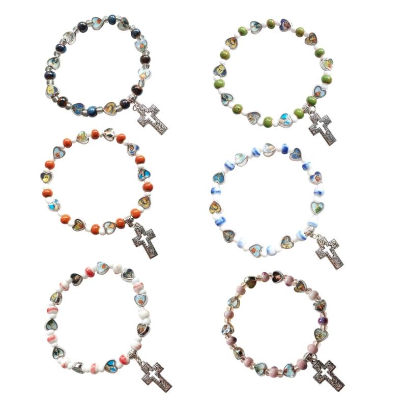 Beads Bracelets Cross Pendant Bead Bracelet Elastic Bead Bracelet Women Girls Party Jewelry Bracelets Elastic Bracelets