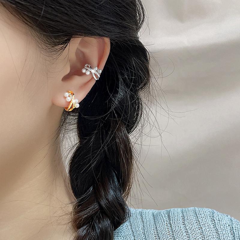 French Cross Pearl Ear Clips Without Ear Piercings Temperament Pearl Flash Diamond Fake Stud Earrings Female Early Autumn Tide