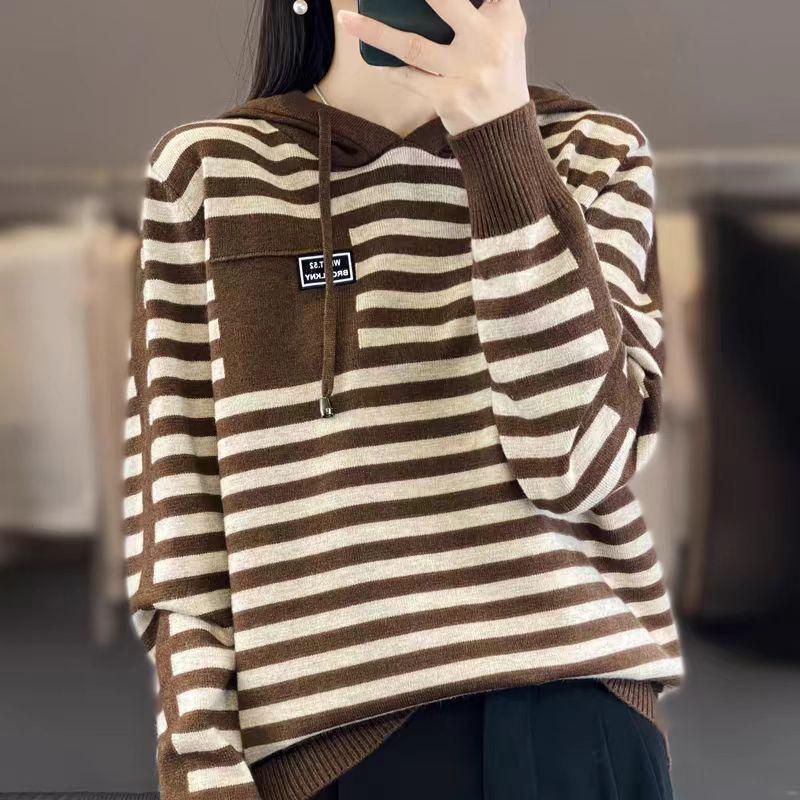 Pull à capuche en tricot rayé et coloré pour femme, veste pull anti-âge, pull d'automne en tricot, sweat-shirt pour femme