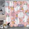 ~O~Pink Cute Halloween Shower Curtain Ghost Pumpkin Bat Skull Polyester Fabric Kids Shower Curtain Girls Bathroom Decor Strap Ho
