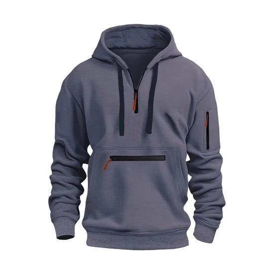 Fall Winter Men Hoodie Zipper Decor Hooded Long Sleeves Loose Pure Color Multi Pockets Drawstring Elastic Cuff Pullover Top