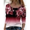 Round Neck 3D Flowers Gradually Sparkling Printed Top Fashionable Casual Long Sleeved Women's T-shirts