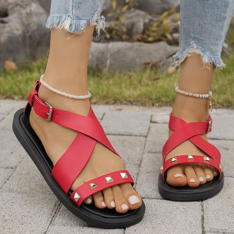 Summer New Sandals Women's Round Head Open Toe Rivets Metal Buckle Soft Sole Non-slip Flat Shoes