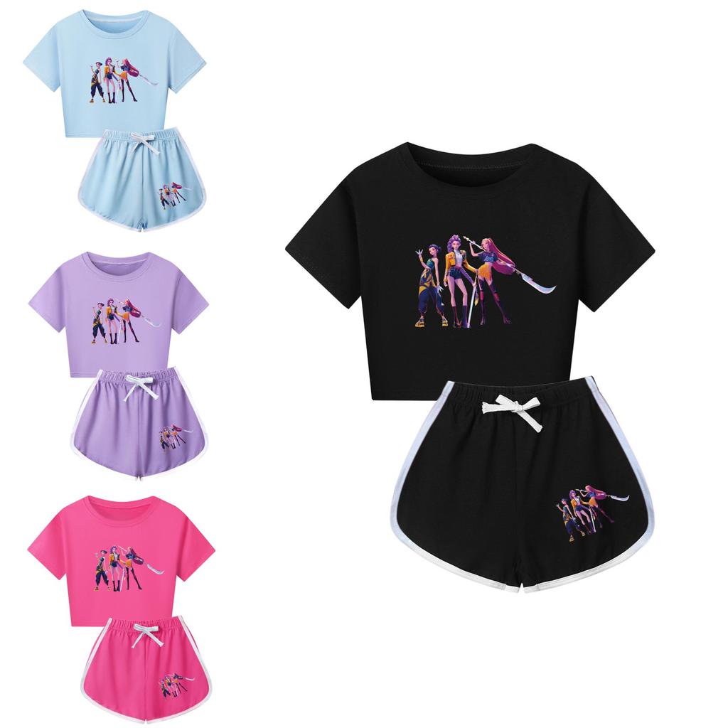 Kpop Dämonenjäger Druck Kinder Kurzarm Shorts Pyjama Set Mit Polyester Baumwollmischung Für Familien Nachtwäsche