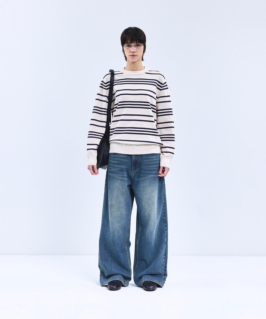 IRONYPORNO WHITELINE 86-Iroj368 Classic Small Stripe Long Sleeve Knit Beige