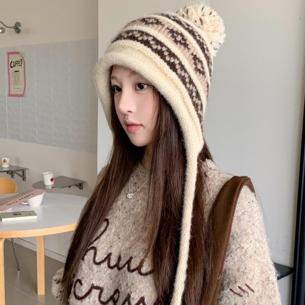 with Pom Pom Knit Earflap Hat Cold Proof Outdoor Fall Winter Hat Warm Knit Beanie  Women