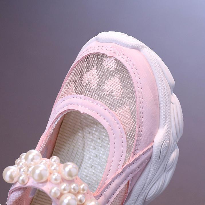 Girls Tennis Shoes Mesh Hollowed  Summer Children Solid Color Pearl Sports Shoes Kids Princess Sneakers Cute Heart