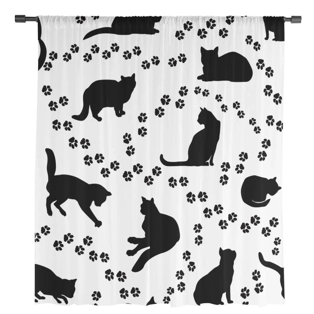 Katzen-Silhouette Pfotenabdrücke Schwarz Weiß Netzstoff Transparente Fenstergardinen für Wohnzimmer Schlafzimmer Moderne Voile Seidenähnlicher Stoff Vorhänge Gardinen
