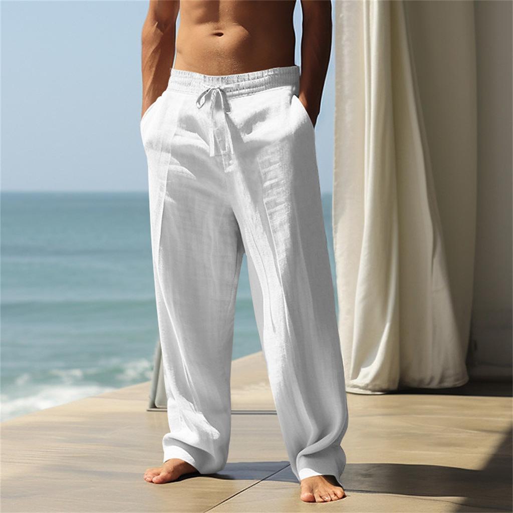 Men's Casual Linen Patch Bag Loose Drawstring Straight Leg Summer Beach Yoga Pants