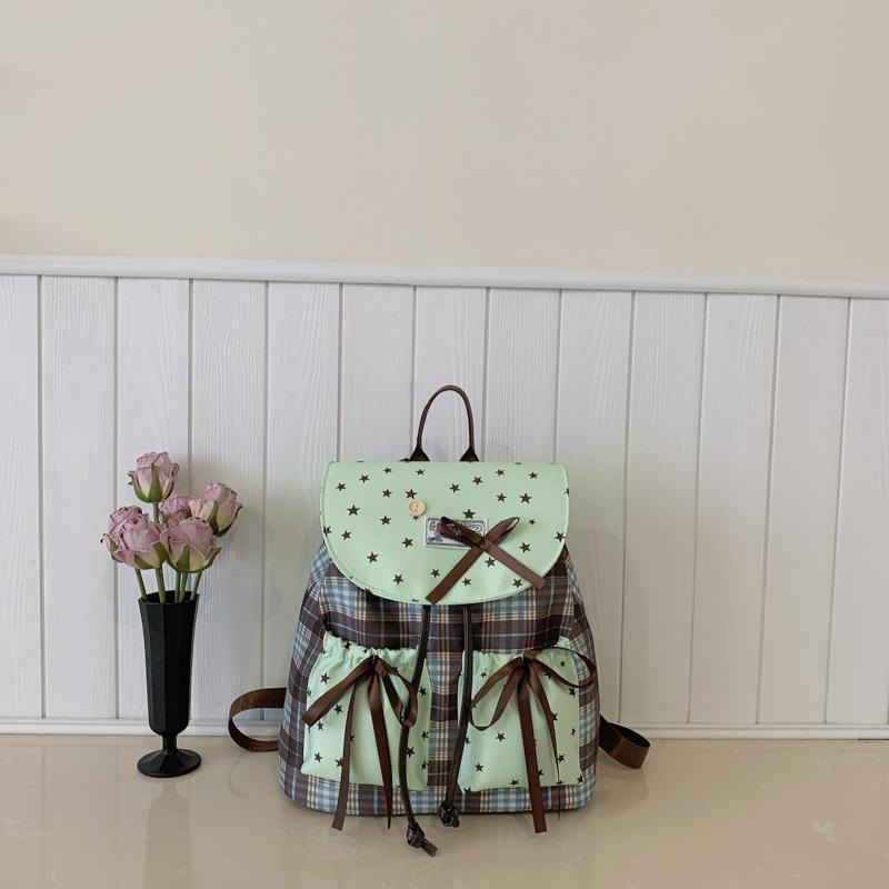 Schoolbag Korean Version Ins Thin Backpack Female Star Versatile Plaid Sweet Bow Student Schoolbag Large Capacity Backpack