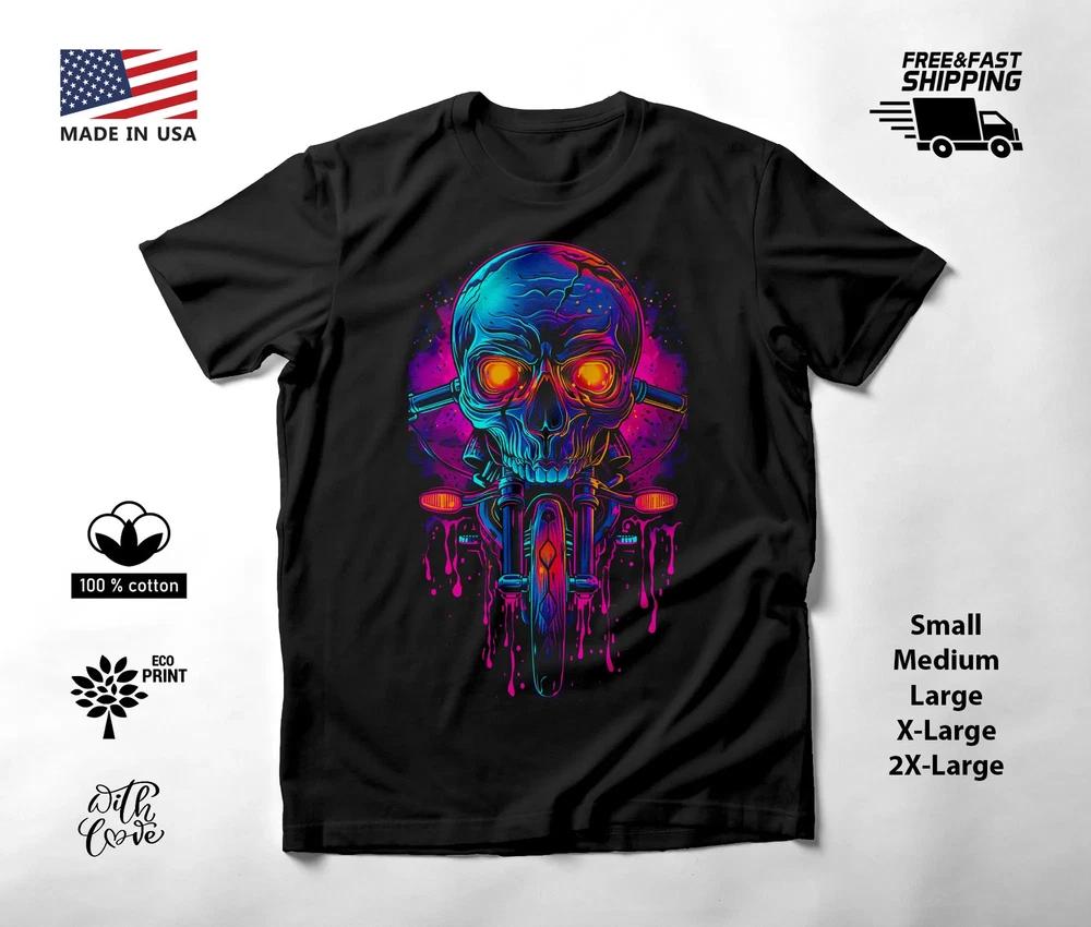 Skull and Motorcycle Neon Graphic T-Shirt Black Unisex S-2XL