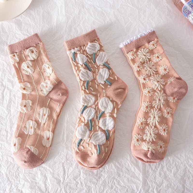 Three-dimensional Flower Relief Socks Women's Long Tube Spring and Autumn High-value Autumn and Winter Cotton Stockings