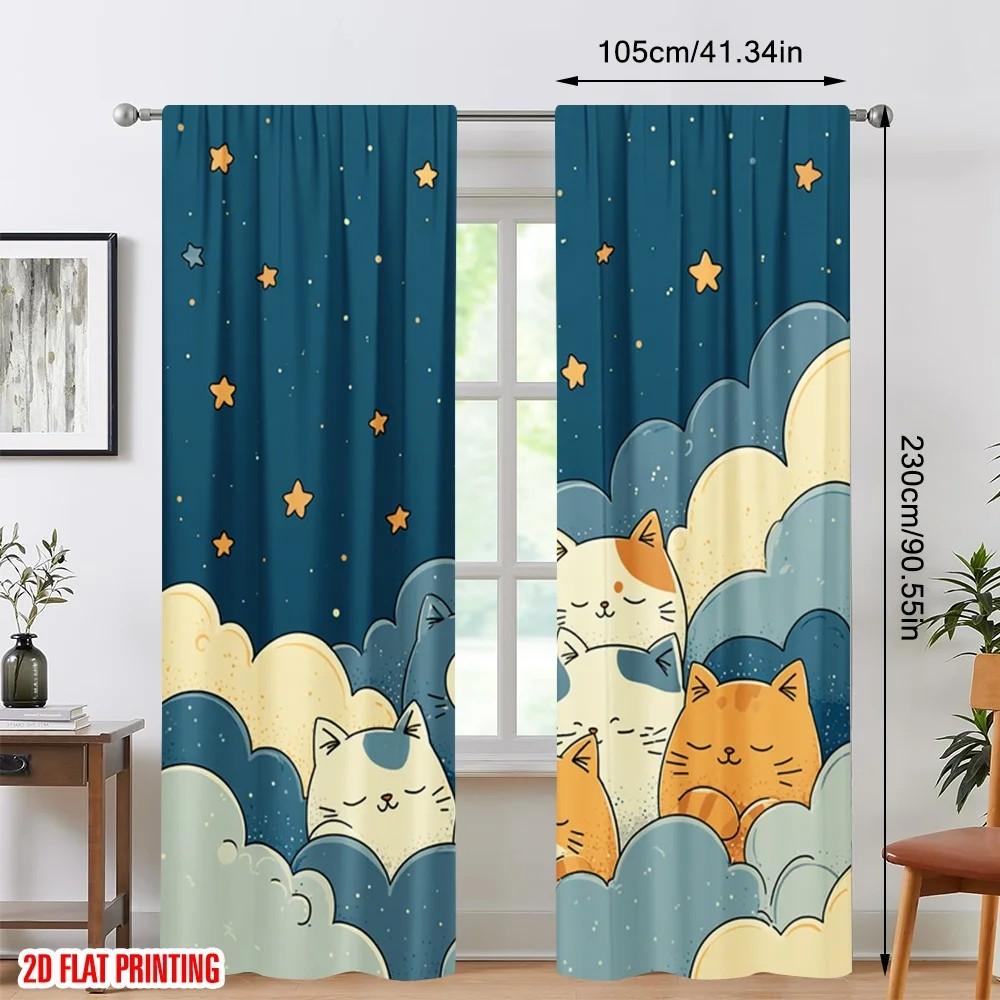 Cute Cats Printed Curtains Polyester Kids Room Window Decor Home Curtain Light Blocking Set Of 2 Made With Rod Pocket Children's