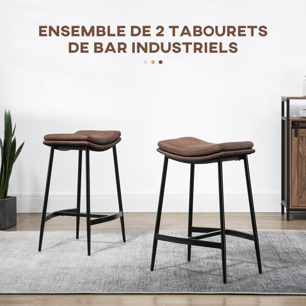 Juego de 2 taburetes de bar con reposapiés de acero estilo industrial asiento curvo 48,5 x 38,5 x 68,5 cm marrón negro
