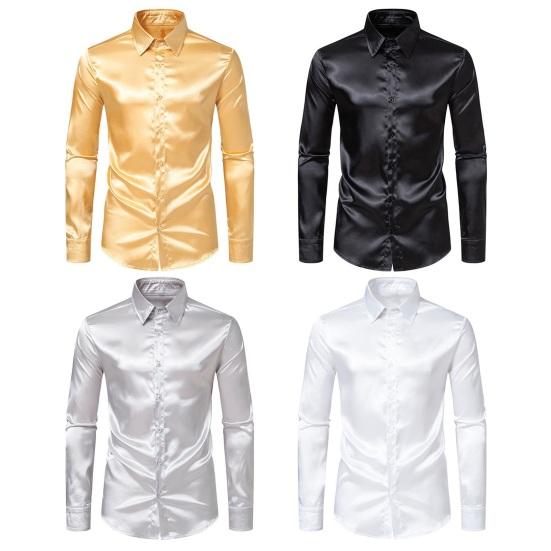 Men Silk Like Satin Shirt Long Sleeve Casual Slim Fit Dress Shirt Stylish Solid Color Lapel Button Down Business Formal Shirts