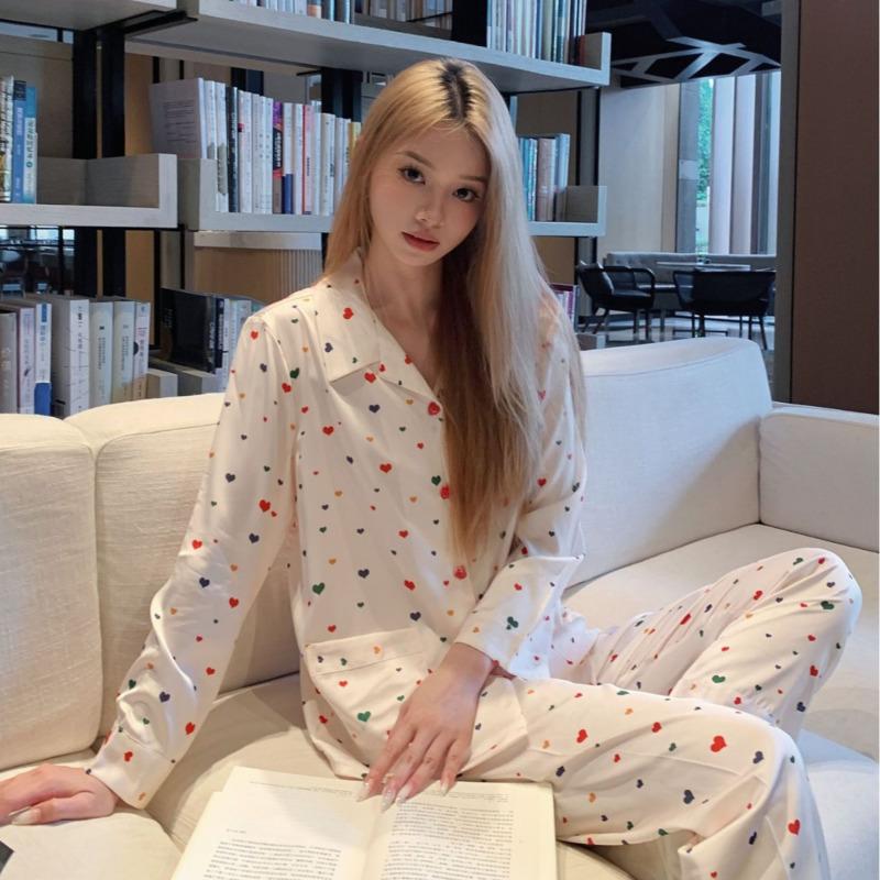 Colorful Sugar Beans Two Piece Silk Sleepwear Women Autumn Long Sleeved Pants Girls' Colorful Heart-shaped Nightgown Home Clothe