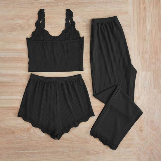 Women's 3 Piece Pajamas Set Ribbed Knit Lace Trim Cami Shorts And Pants