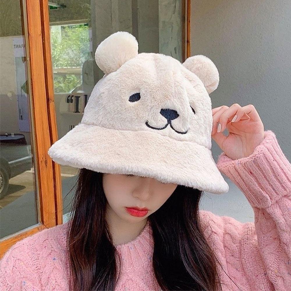 Fashion Cute Bear Ears Fur Bucket Hat Warm Soft Women's Fisherman Hat Thick Basin Hat Clothing Accessories
