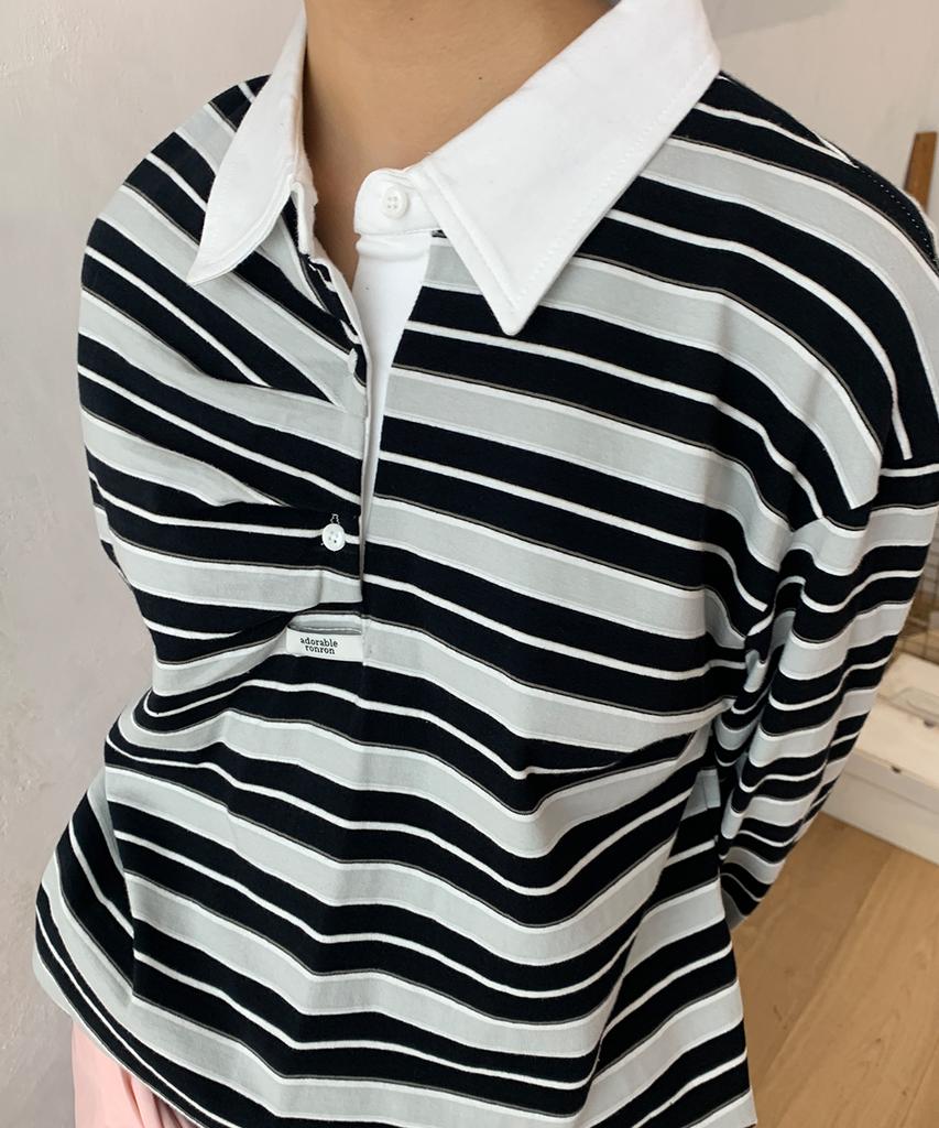 RONRON Double Shirring Stripe Collar Long Sleeve Black