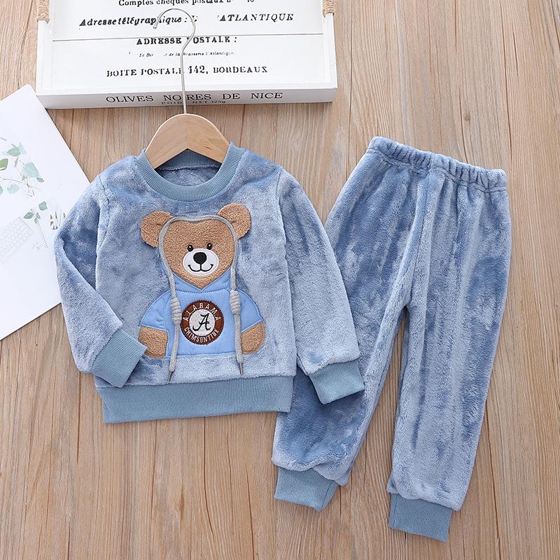 Toddler Baby Boys Clothes Autumn Winter Kids Flannel Pajamas Set Thick Warm Sweater Cartoon Cute Bear Two-piece Girls Suit Tracksuits