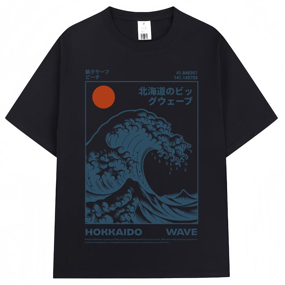 Japanese Style Hokkaido Wave Vintage Tshirt Men Women Harajuku Fashion High Quality T Shirts Oversized Cotton Summer Tee Shirt