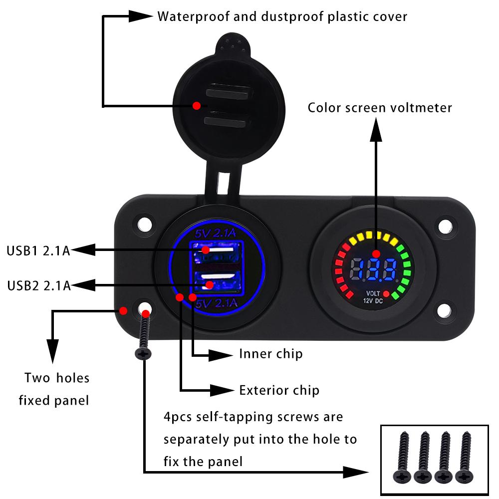 12V LED Duel Car 2 USB Port Charger with DC Voltmeter Digital Auto/Motorbike/Boat Cigarette Lighter Socket Splitter