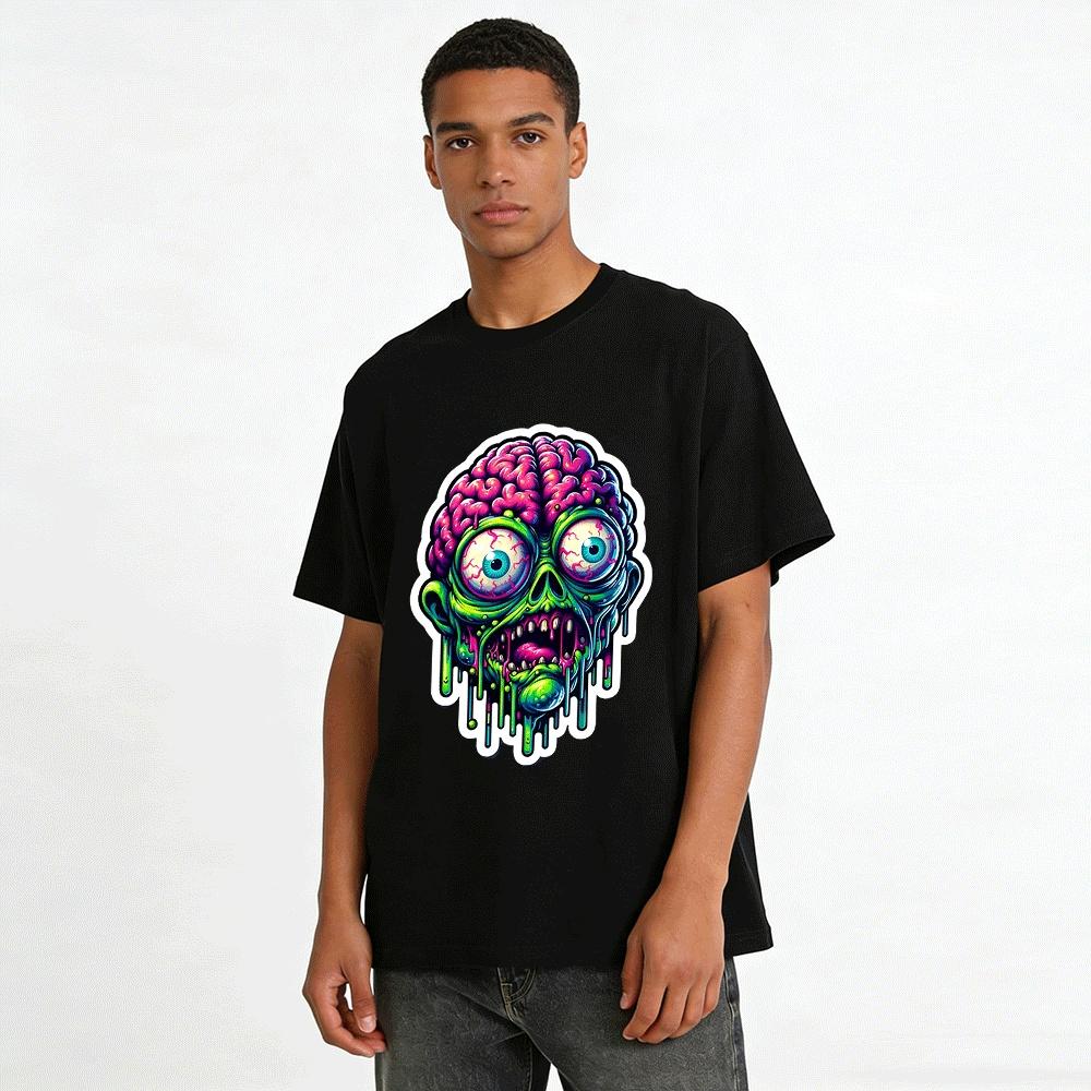 Neon Zombie Brain Print Trendy Street Style Casual Short Sleeve Pure Cotton T-shirt
