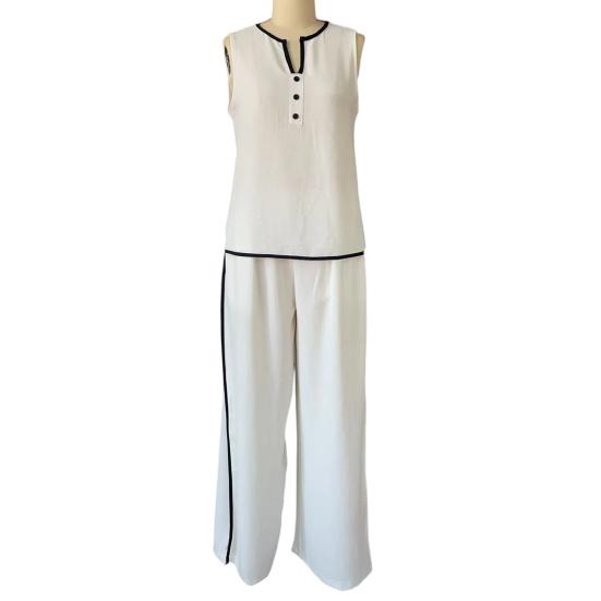 Sommar 2-delade outfits för kvinnor, Casual ärmlös topp med knapp och V-ringning samt vida byxor, Semesterlounge-set med fickor