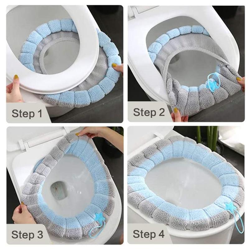 Winter Warm Toilet Seat Cover Washable Bathroom Toilet Seat with Handle Thickened Soft Cushion Knitted Warm Toilet Seat HMM