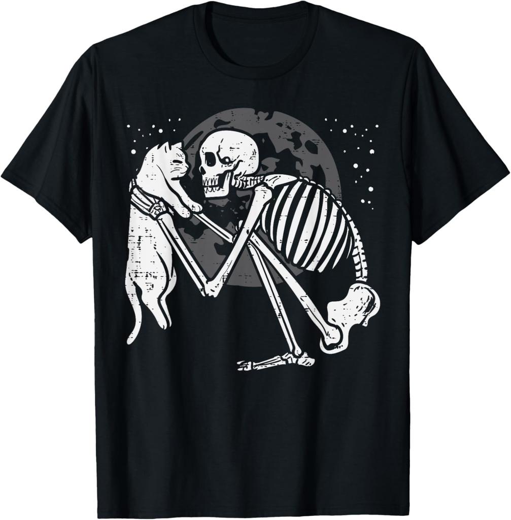 Kawaii Pastel Goth Cute Creepy Cat Bat Skeleton T-Shirt Print Original Design Gifts T Shirts Mens Clothing Camisas Streetwear