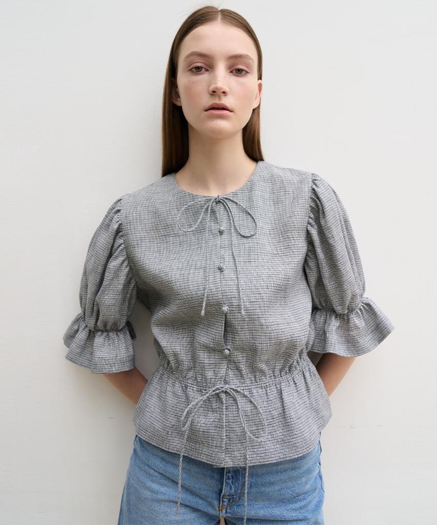 Hiloin Linen Blend Shirred Waist Blouse (Gray)