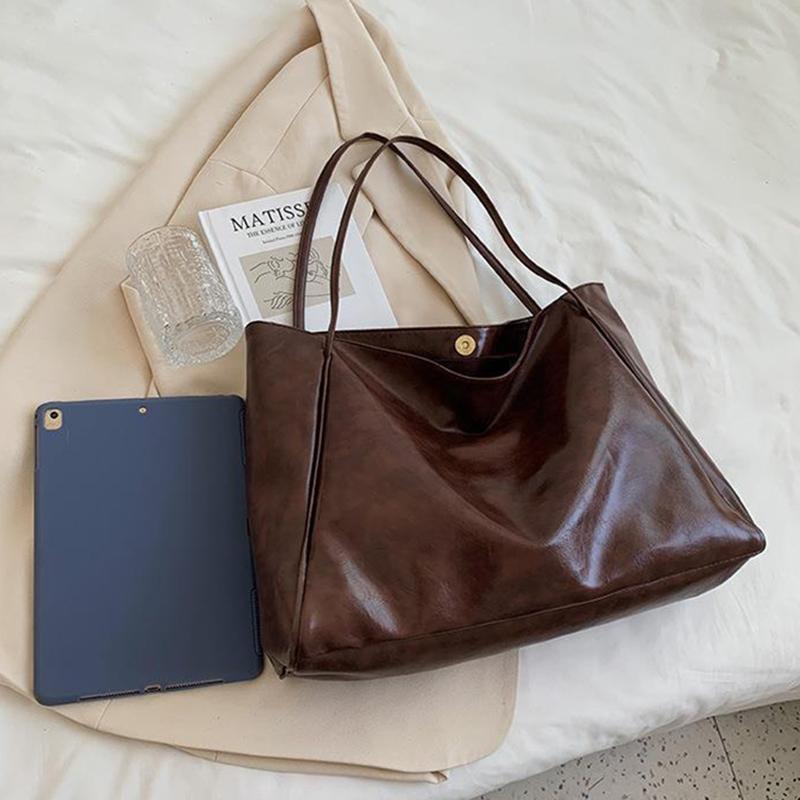 Vintage Soft PU Leather Large Capacity Women Shoulder Bag Fashion Casual Solid Color Top Handle Shopper Tote Bag MIT