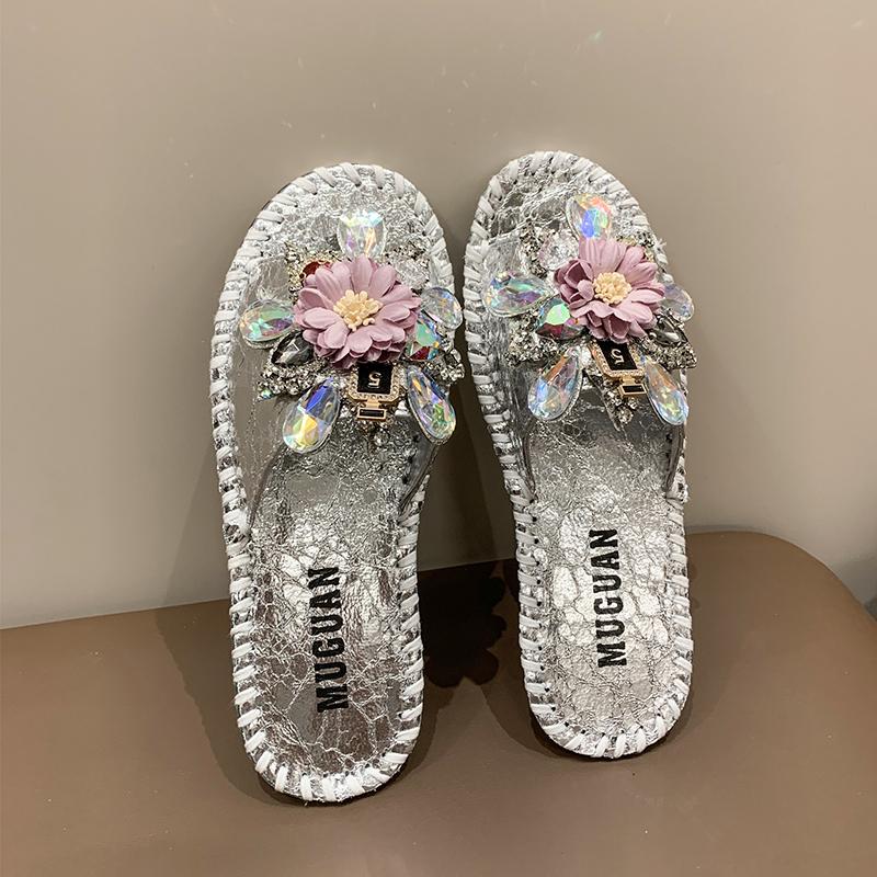 Aphixta Diamond Flower Decoration Flat With Slippers Casual Women Sweet Mulers Outside Summer Sandals Shoe Sewing Slide