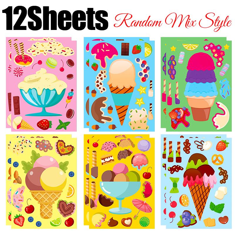 6-12Sheets Ice Cream Style Making Face Sticker Mix DIY Assemble Sticker Handcraft Material Scrapbooking Sticker Rewards Gift ZYF