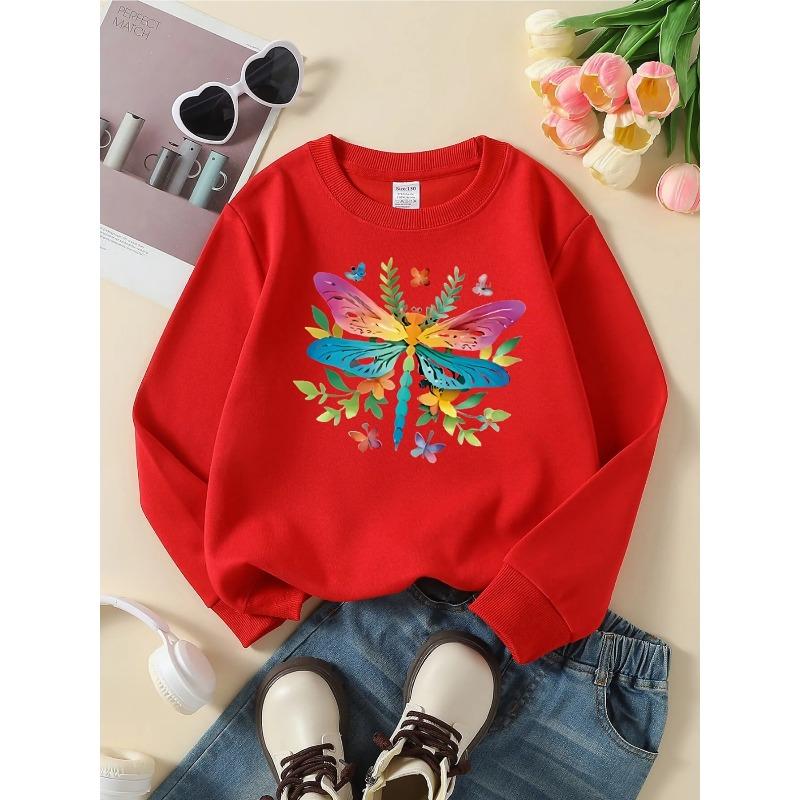 European sizes Colorful Butterfly Floral Art Girls' Fashionable Crewneck Sweatshirt, Western Top, Children's Long Sleeved Casual T-Shirt