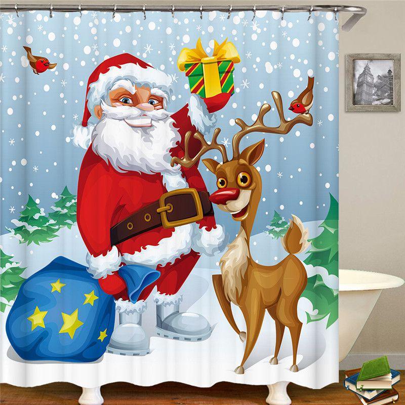 Santa Claus Christmas Shower Curtain With Hooks Durable Waterproof Bathroom Decor