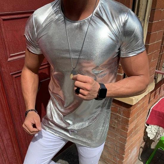 Summer Men T-shirt Glossy Surface Bronzing Slim Fit O Neck Solid Color Short Sleeves Pullover Party Club Performance Dance Streetwear Top