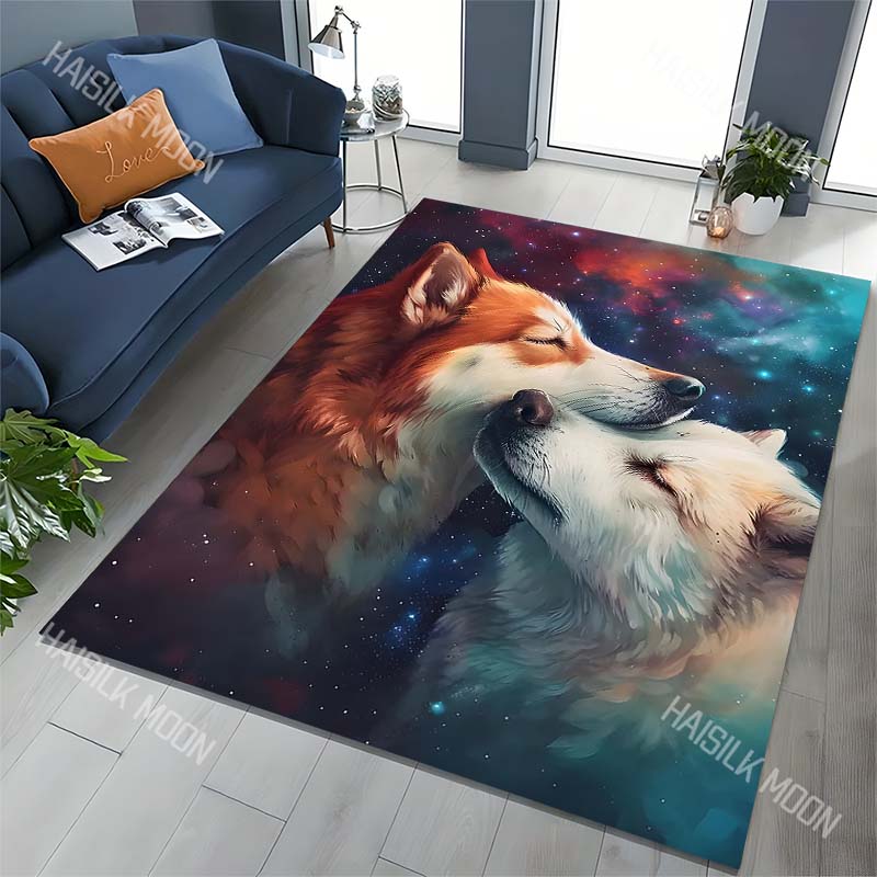 1PC Two Wolves Nuzzling In Starry Cosmos Print Carpet for Living Room Bedroom Sofa Home Decor Rus Non-slip Floor Mat Luxury Gift