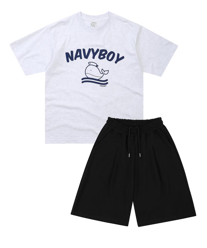 PAPERBOY [Set] Navy Boy Short Sleeve Half Pants Set-White
