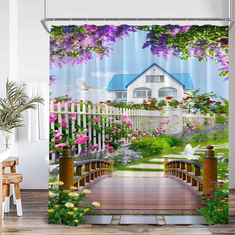 Garten Duschvorhang Bogen Tür Zaun Ranken Blumen Europäischer Garten Badezimmer Dekorationen Landschafts Badvorhang Mit Haken