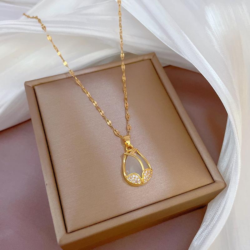 Titanium Steel Light Luxury Full Diamond Micro-Inlaid Zircon Tulip Opal Necklace Copper Electroplated Real Gold Pendant